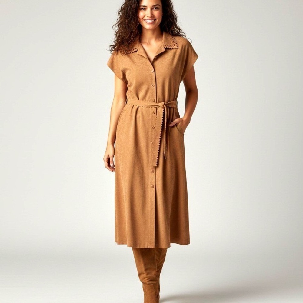 Vintage Clarissa Ultrasuede Scalloped Midi Dress Tan Camel Button Front Sz 16